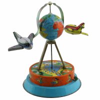 Blechspielzeug - Weltkugel mit Flugzeug - Blechflugzeug
