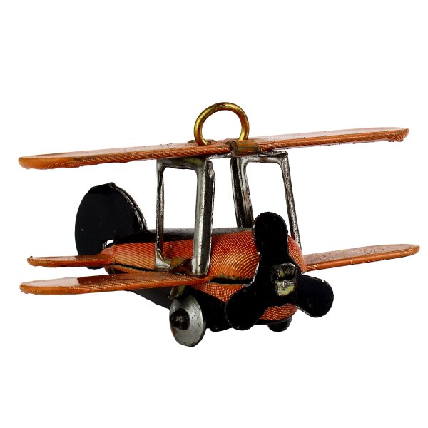 Blechspielzeug - Mini Flugzeug Doppeldecker - Deko Anhänger - Metall orange