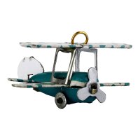 Tin toy - mini airplane biplane - deco trailer - metal turquoise