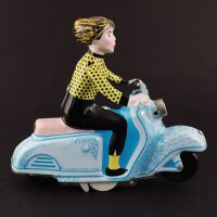 Blechspielzeug - Scooter Girl - Mädchen auf Motorroller - Roller - blau-hellblau